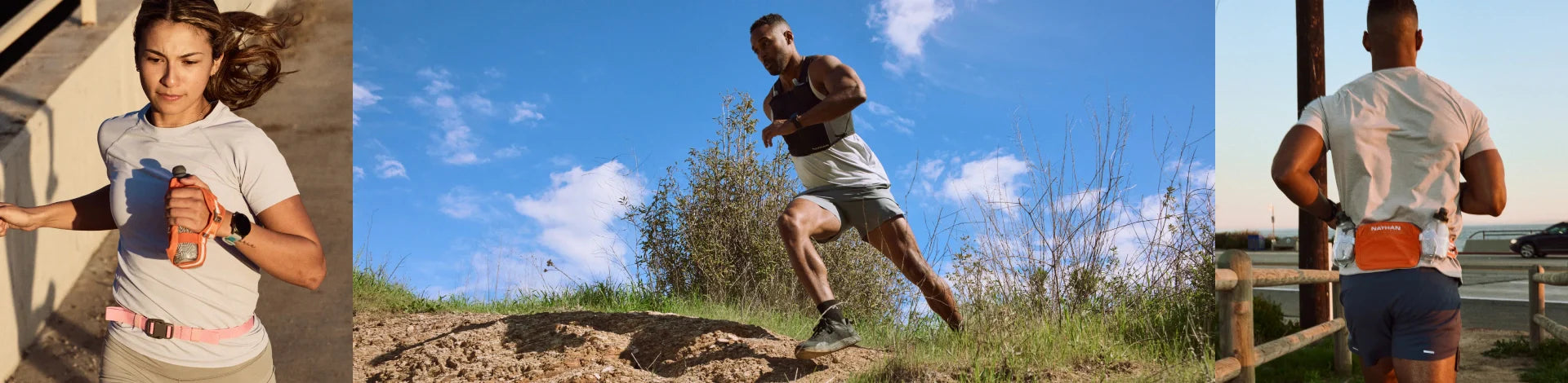 four images of runners using different Nathan Sports products. Hydration Pack & Jacket, tank top and shorts, hydration belt, and hydration vest